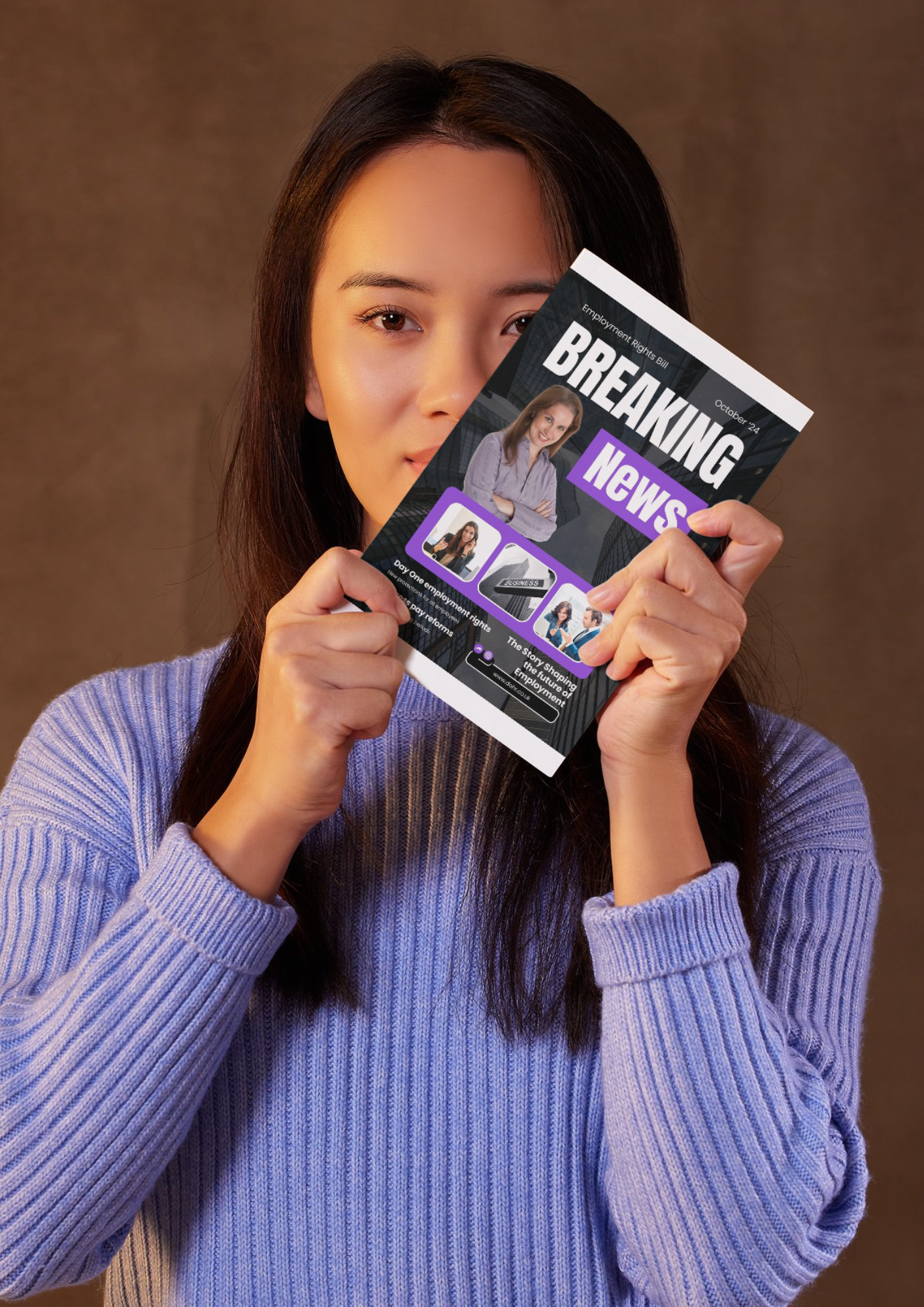 An Asian woman in a purple jumper holding up a report with a graphic showing breaking news